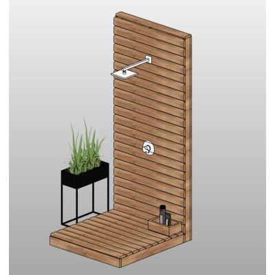 Outdoor shower with wood panel
