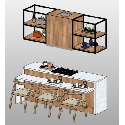 Kitchen island with 3 chairs and shelf