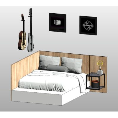 Double bed with wood panel headboard