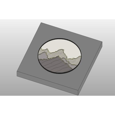 Round framed art modern mountain scene
