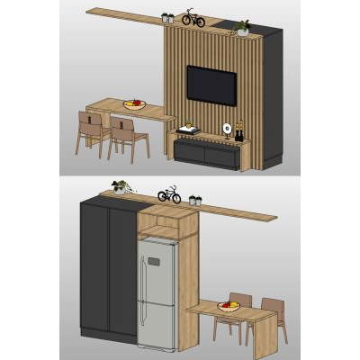 TV panel with kitchen and dining set