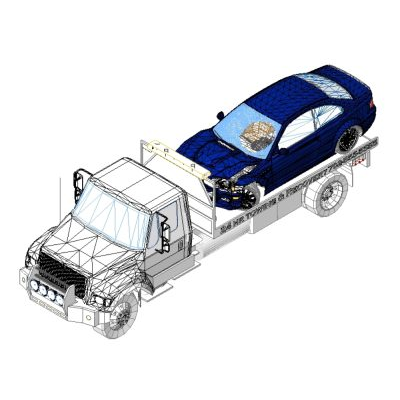 Crane truck with vehicle in low bed