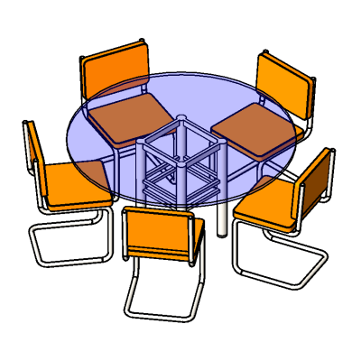 Dining table set with modern orange chairs